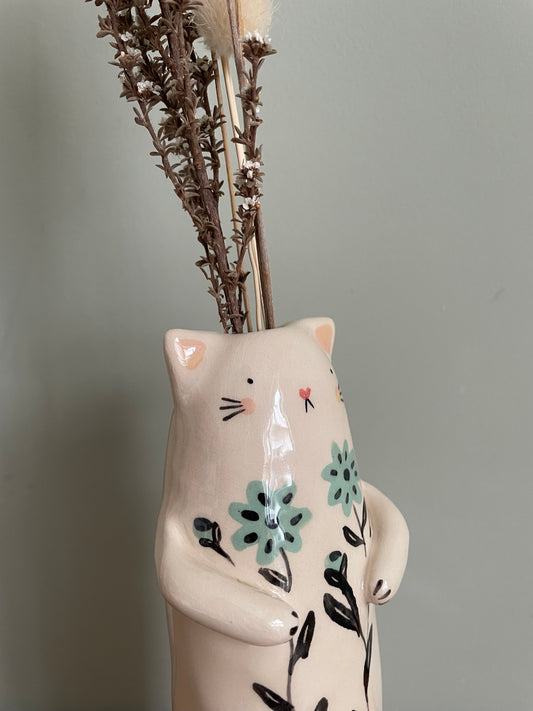 Soliflore chat aux fleurs en céramique vase émaillé