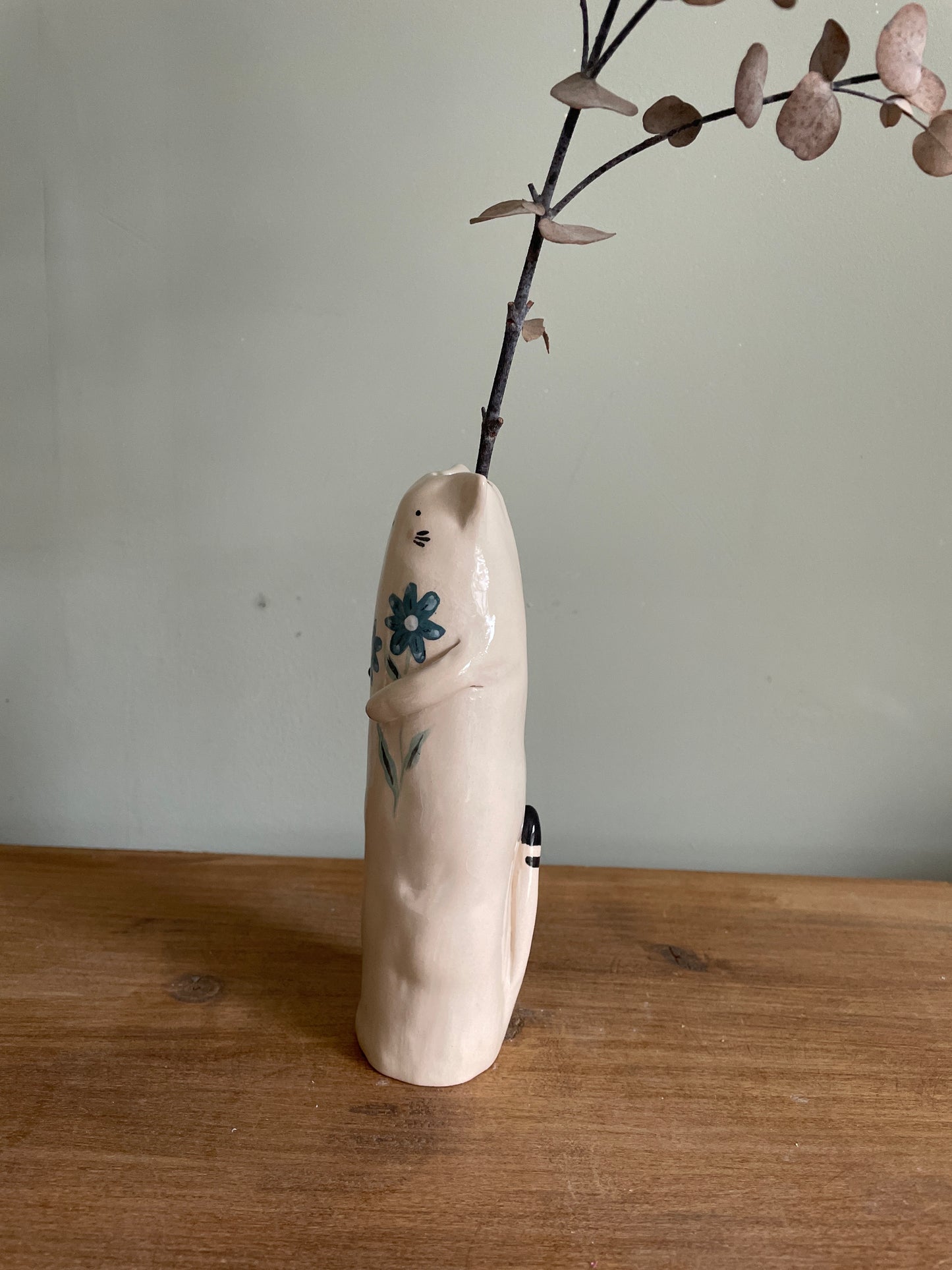 Soliflore chat aux fleurs en céramique vase émaillé