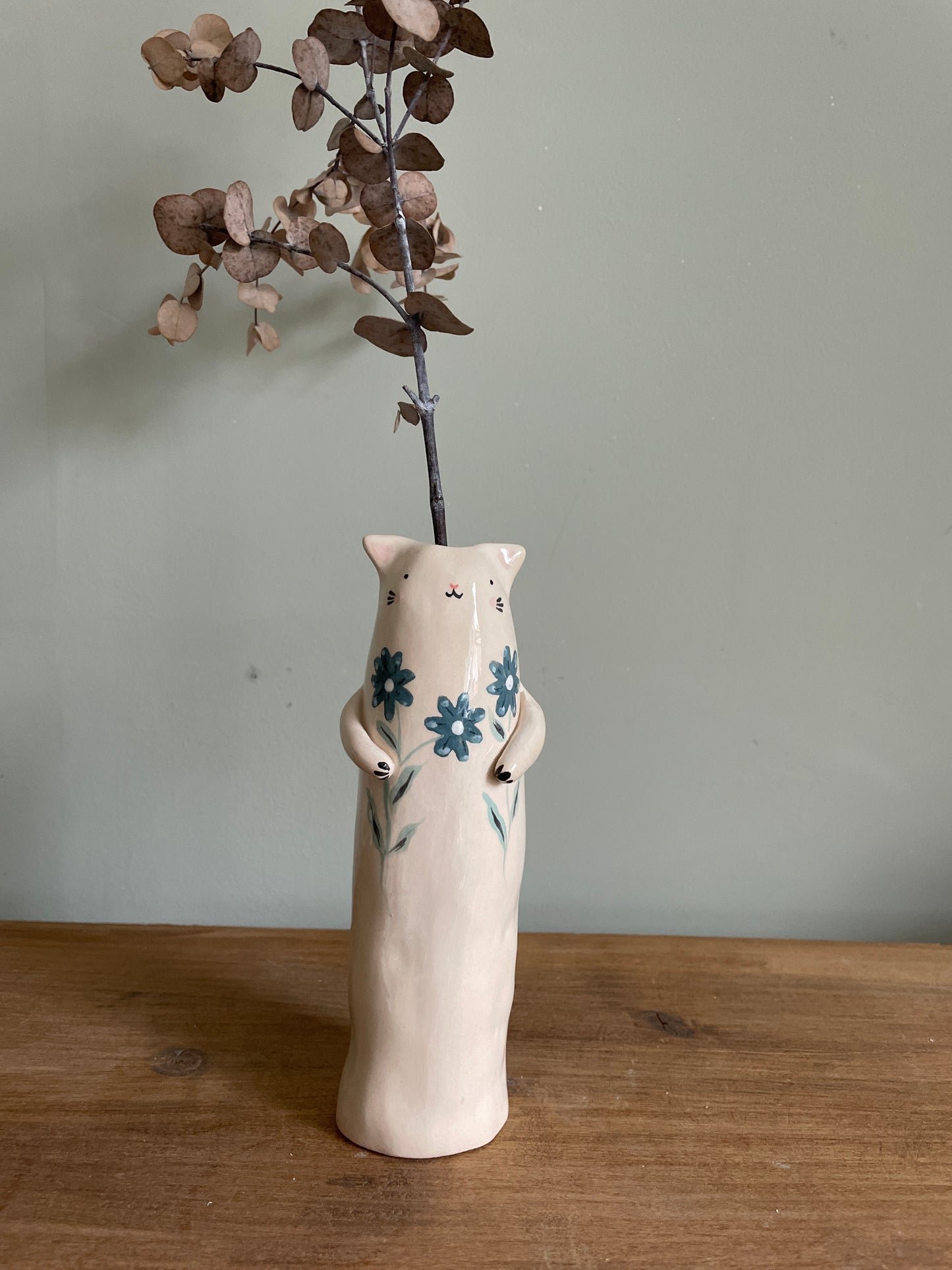 Soliflore chat aux fleurs en céramique vase émaillé