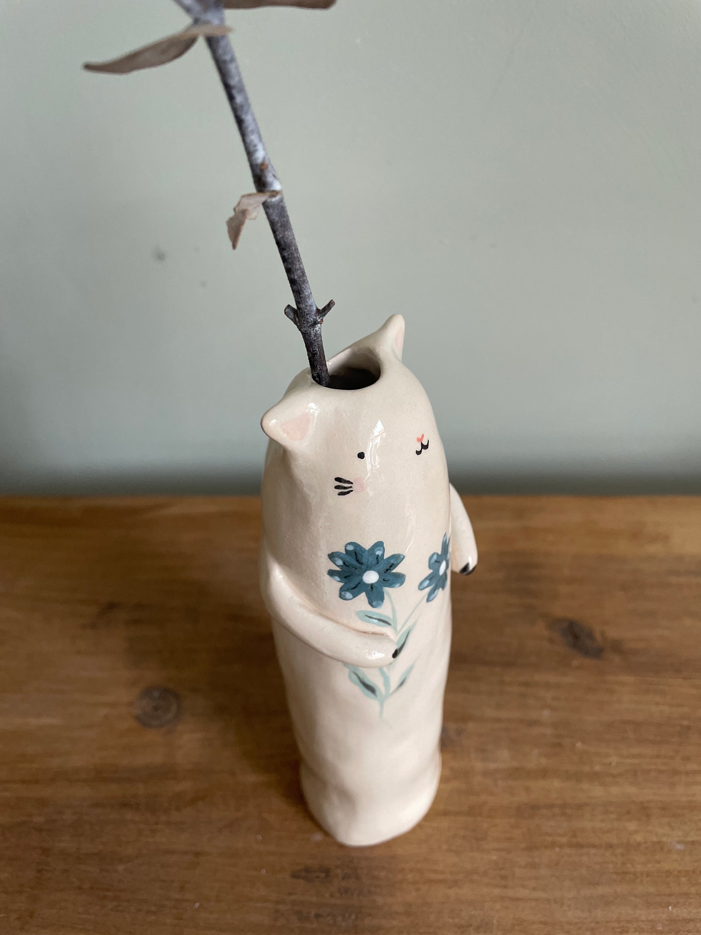 Soliflore chat aux fleurs en céramique vase émaillé