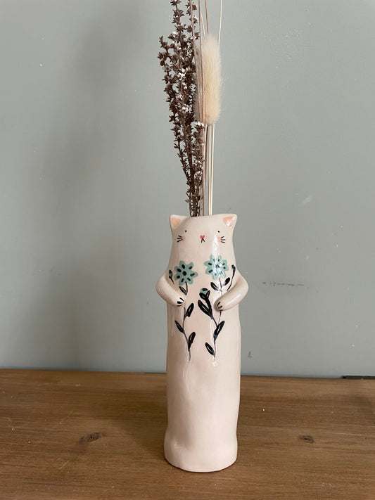 Soliflore chat aux fleurs en céramique vase émaillé