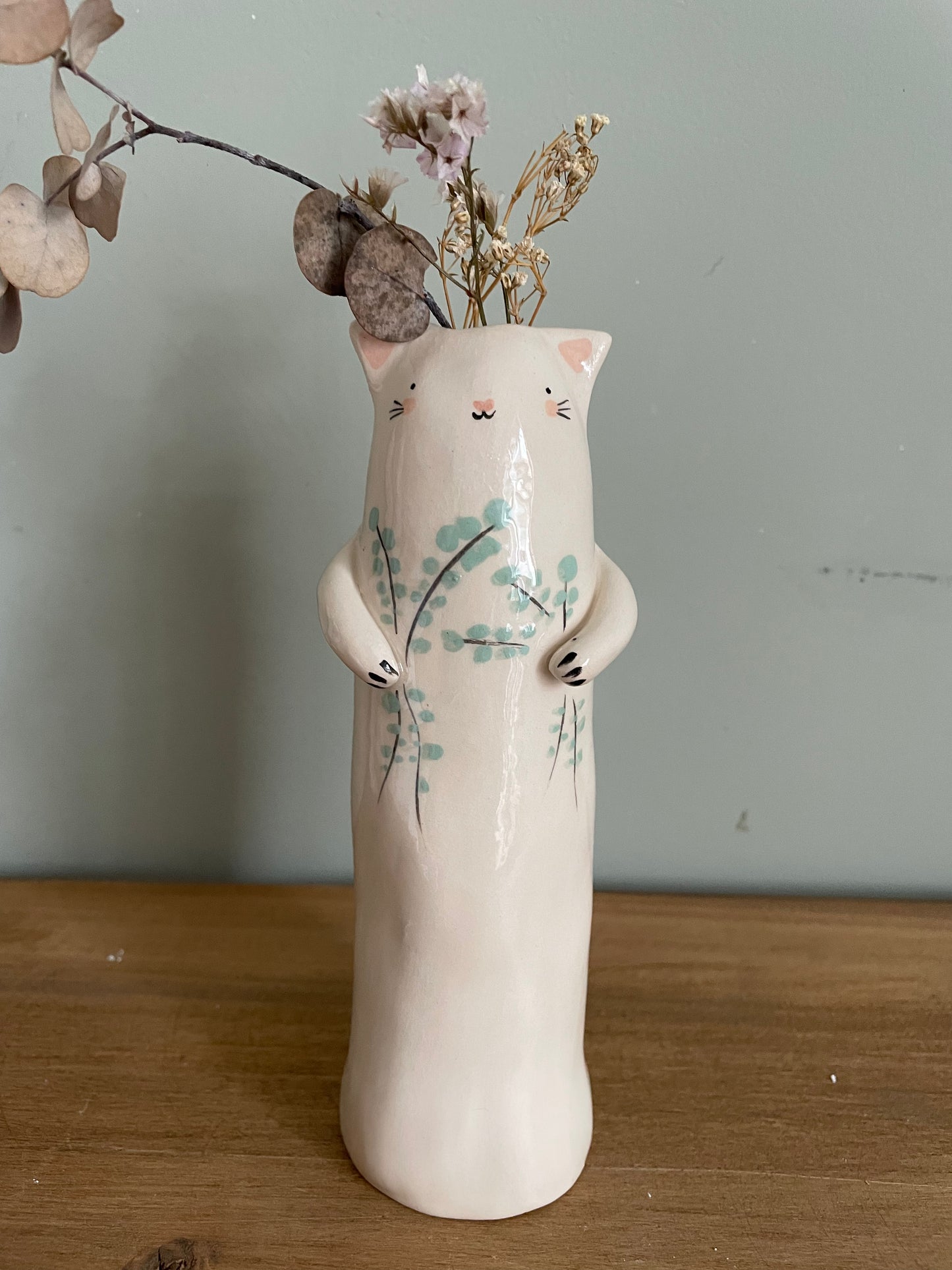 Soliflore chat aux fleurs bleues en céramique vase émaillé