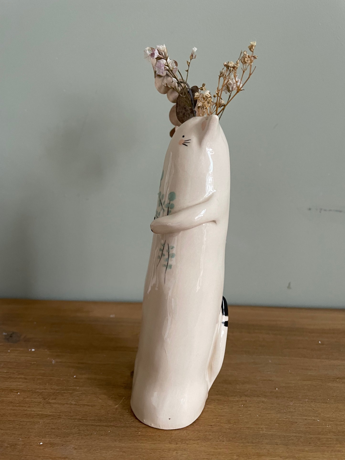 Soliflore chat aux fleurs bleues en céramique vase émaillé
