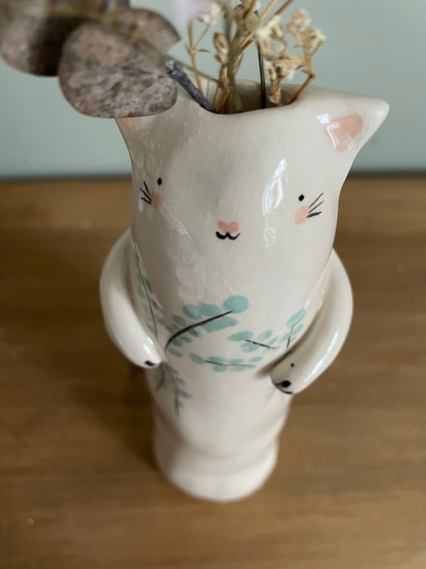 Soliflore chat aux fleurs bleues en céramique vase émaillé