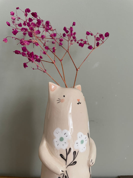 Soliflore cat with poppy in ceramic glazed vase