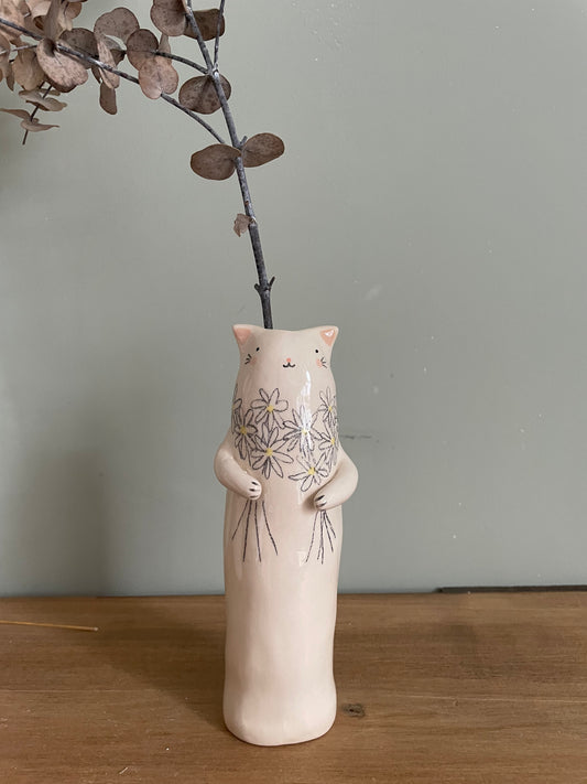 Soliflore cat with poppy in ceramic glazed vase